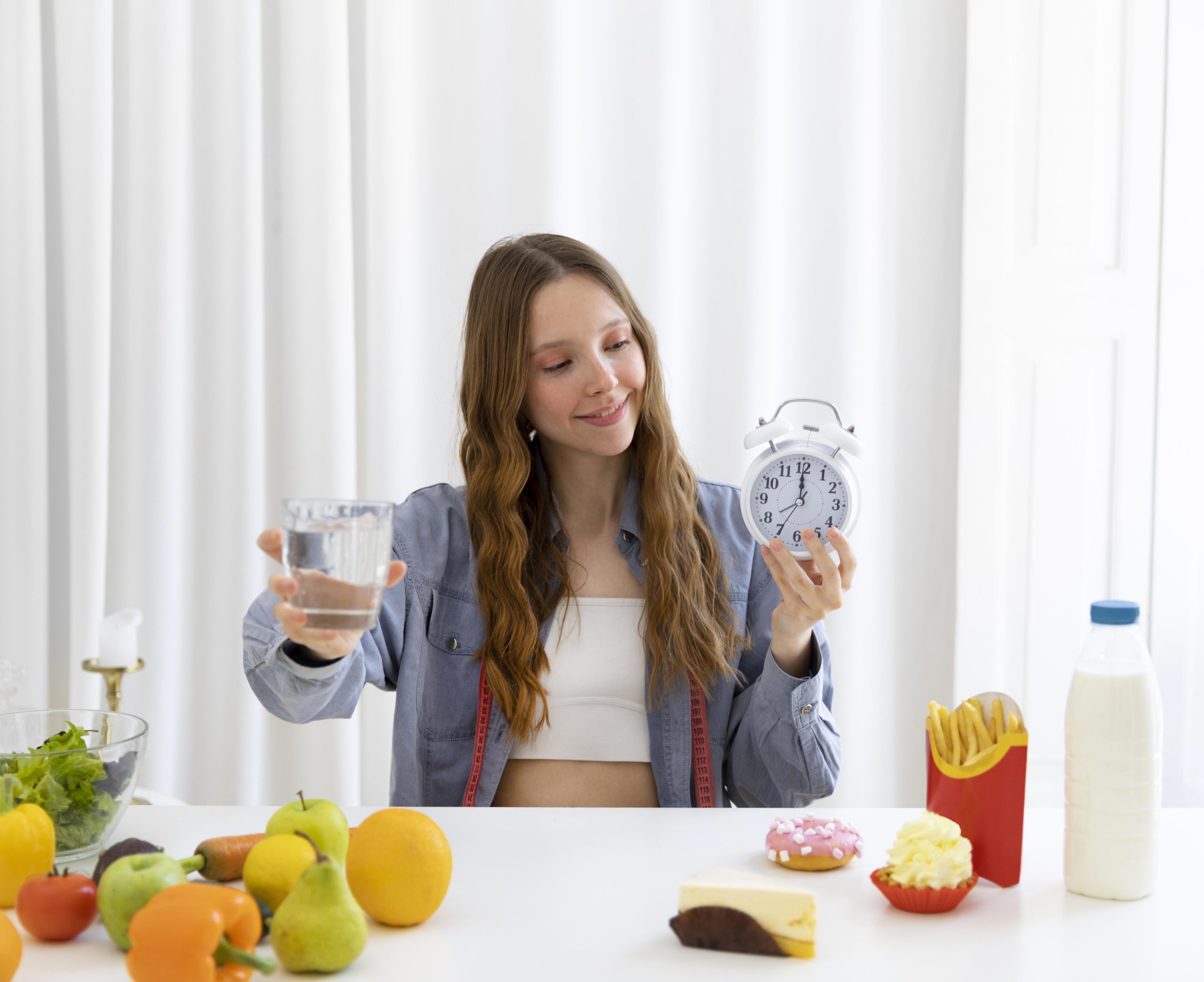 woman holds a watch and a glass of water and in front of her there is a table with fruits and also some junk food