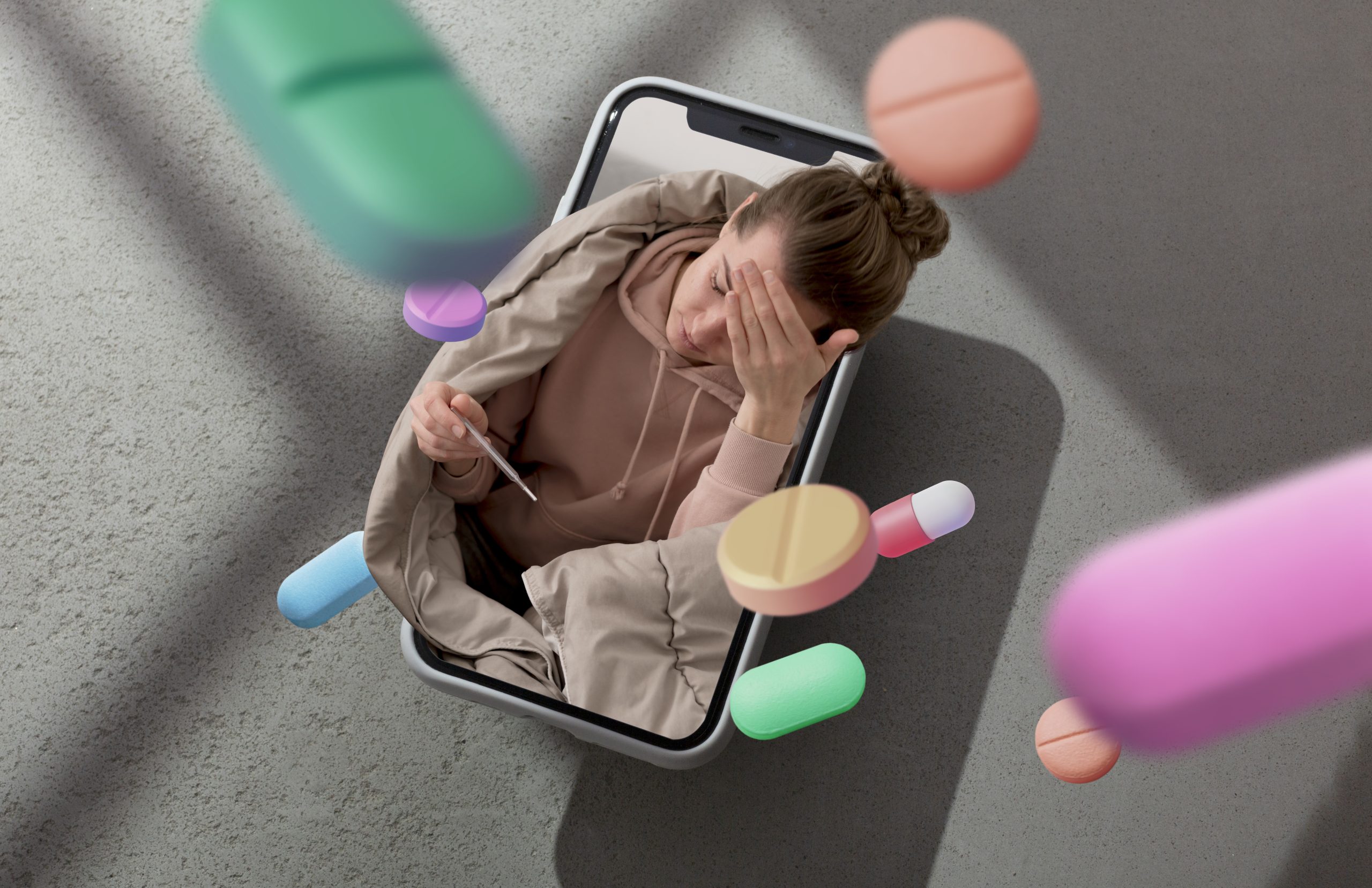 sick woman coming out of a smartphone with pills around her